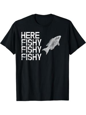Here Fishy Fishy Jumping Fish Funny Fishing TShirt 100 Cotton ONeck Short Sleeve Summer Casual Mens Tshirt Streetwear