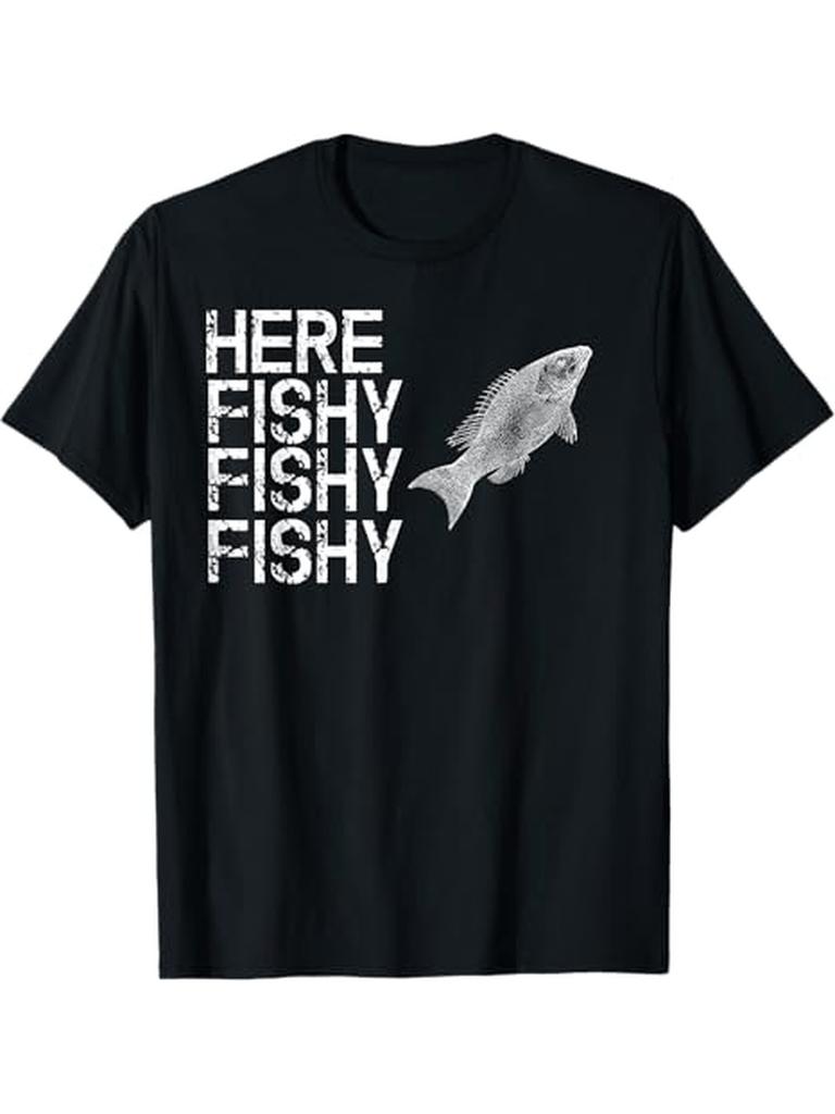 Here Fishy Fishy Jumping Fish Funny Fishing TShirt 100 Cotton ONeck Short Sleeve Summer Casual Unisexs Tshirt Streetwear