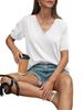 Womens Puff Short Sleeve Pleated T Shirt V Neck Curved Hem Summer Top