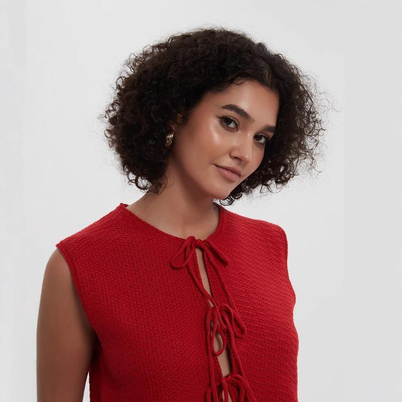 Módní šněrovací pletená vesta jednobarevná všestranná top vesta bez rukávů