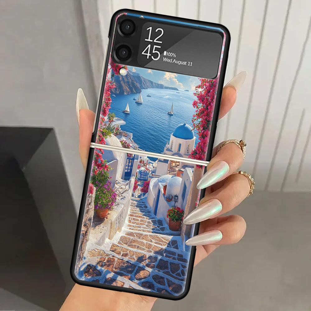 Griechenland Im Sommer Santorini Harte PC Handyhülle Für Samsung Galaxy Z Flip 7 6 5 4 3 Schwarz ZFlip7 ZFlip6 Flip5 Flip4 Flip3 5G Druck