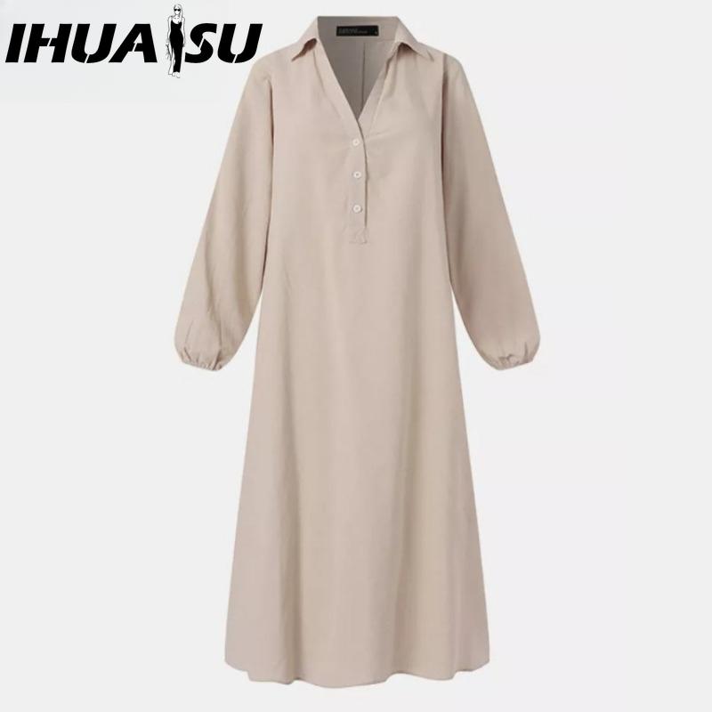 IHUASU Moda dama primavara toamna imprimeu culoare solida maneca lunga talie inalta rochii casual