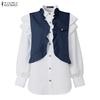 ZANZEA Women Casual Turn Down Collar Long Sleeve Patchwork Blouse
