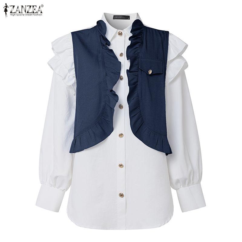 ZANZEA Women Casual Turn Down Collar Long Sleeve Patchwork Blouse