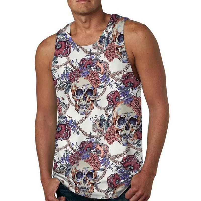 

3D Skull Tank for Men s Summer Street Flowers Hawaii Man Vest Sleeveless Shirts Round-Neck T Shirt S