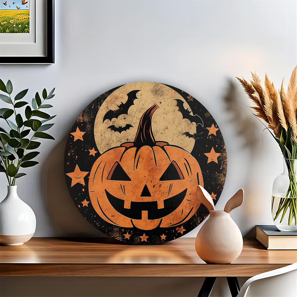 Charming Vintage Halloween Pumpkin Metal Sign - Durable Waterproof Aluminum Wall Art for Home, Cafe, Garage