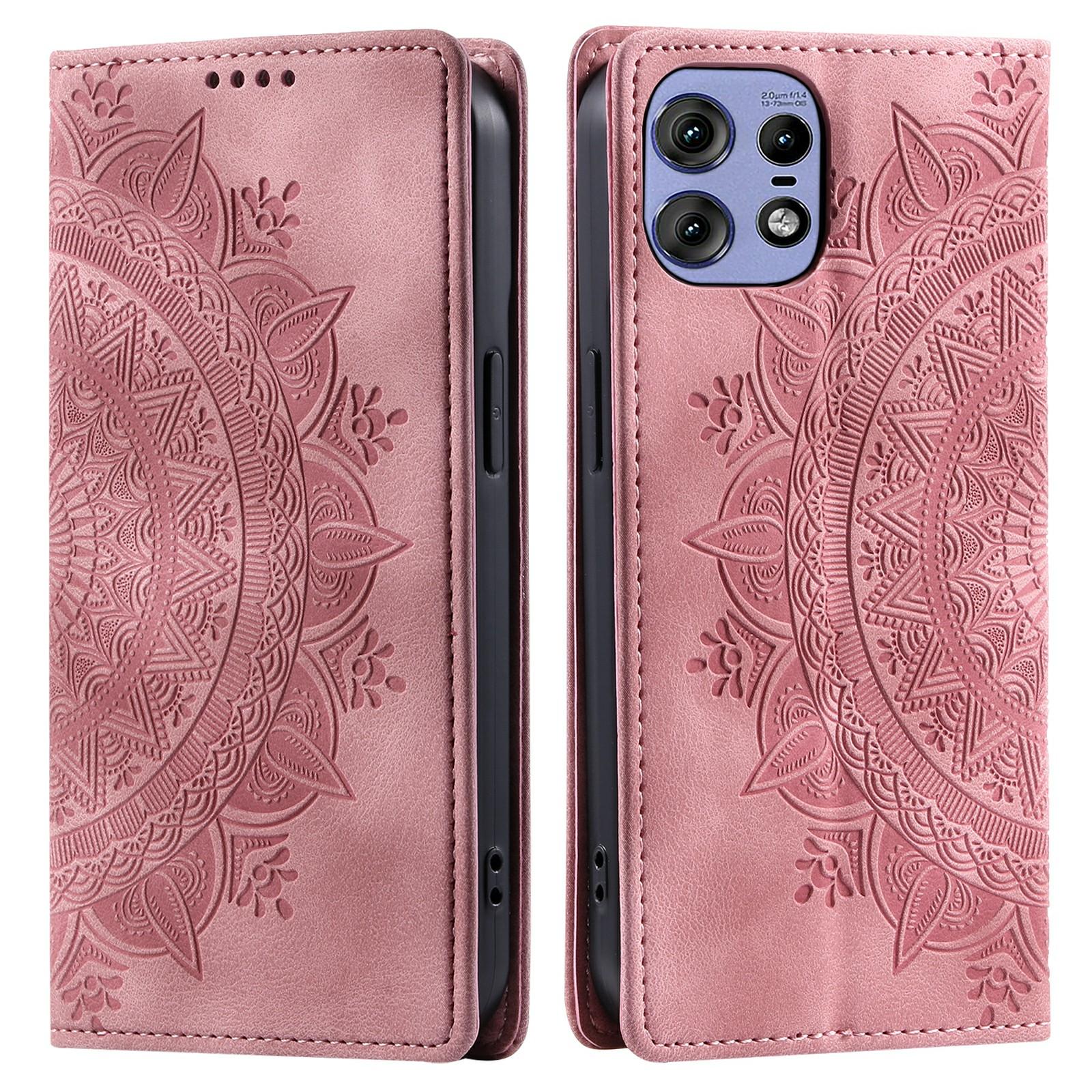 

For Motorola Edge 50 Pro 5G Case Imprinted Mandala Leather Magnetic Closure Phone Cover Rose Gold