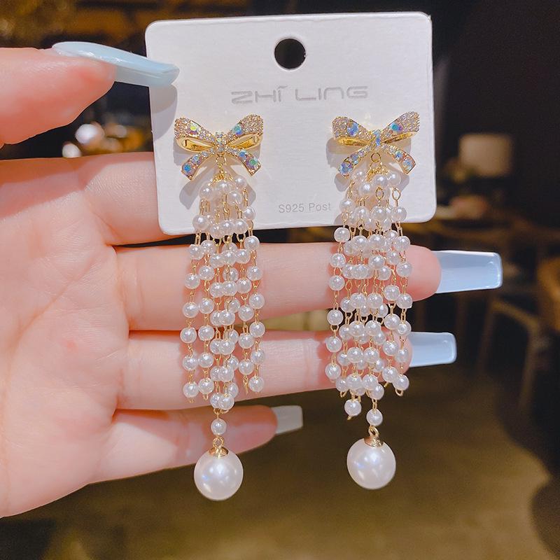 S925 Sterling Silver Korean Style Zircon Bow & Pearl Long Tassel Earrings for Women - Light Luxury Fairy Design 6B202 Gold