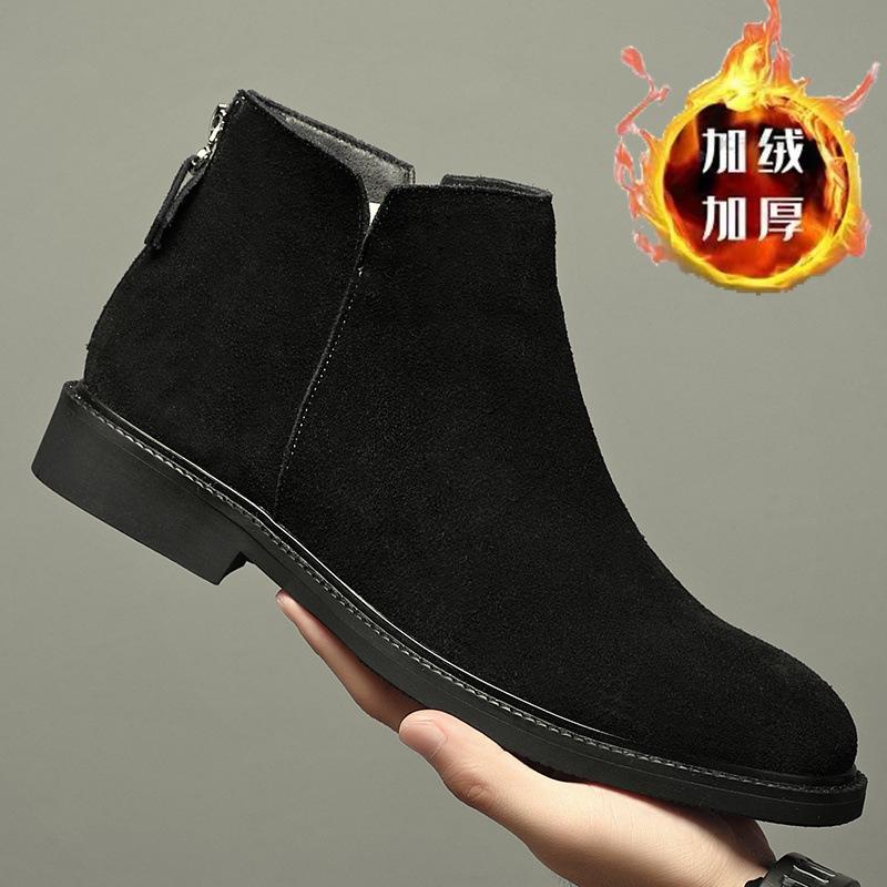 

Leather Chelsea Boots Men s Velvet Leather Pointed High Top Leather Shoes Medium Short Boots Martin Boots Black 44