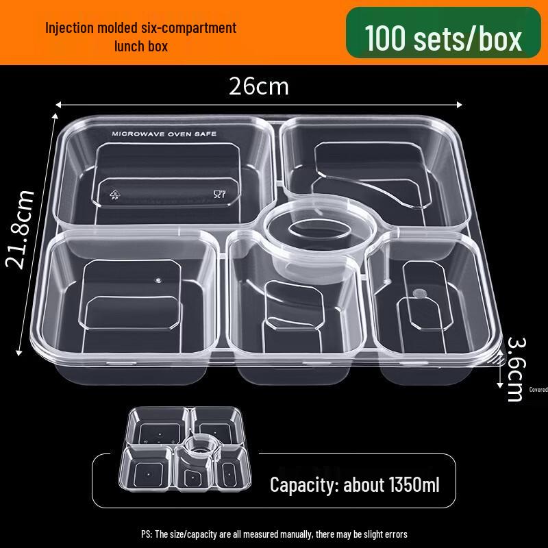 Disposable 6-Compartment Transparent Food Containers with Lids