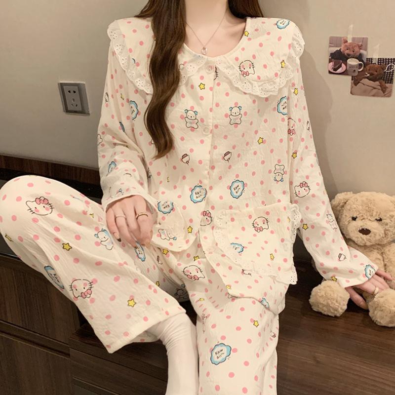 Doll Collar Pajamas Women'S Long-Sleeved Cartoon Polka Dots Cute Cloud Cotton Loungewear Suit Can Be Worn Outside