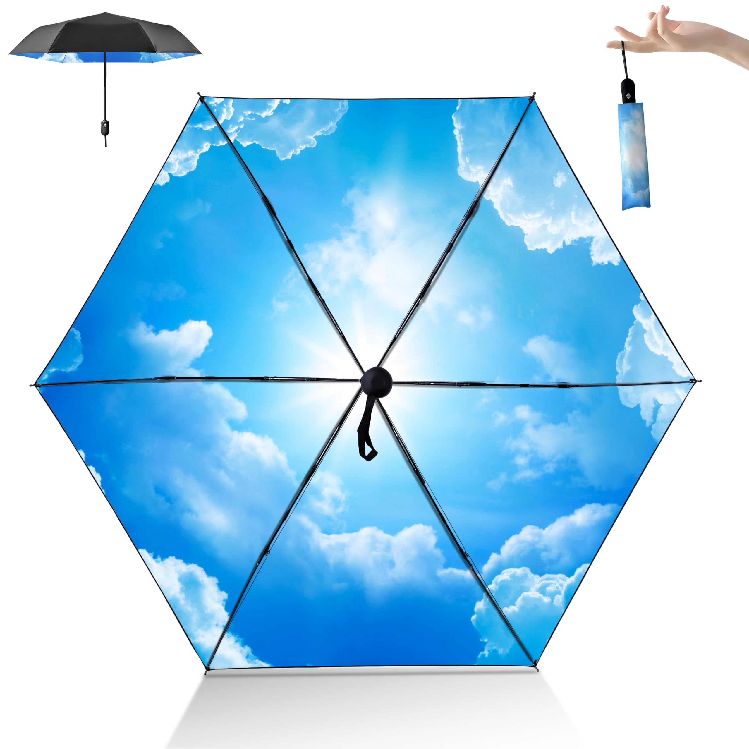 

Этот складной зонт имеет черный внешний вид и уникальный внутренний Он может использоваться как от солнца, так и от дождя. Он оснащен 50-сантиметровым основным 91-сантиметровым синий