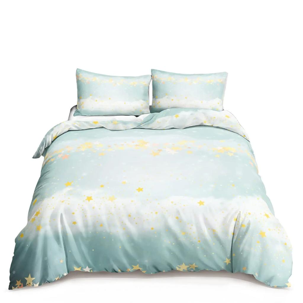 Cute Moon Starry Sky Duvet Set Star Galaxy Girls Bedroom Quilt Cover Pillowcase Three-Piece Set