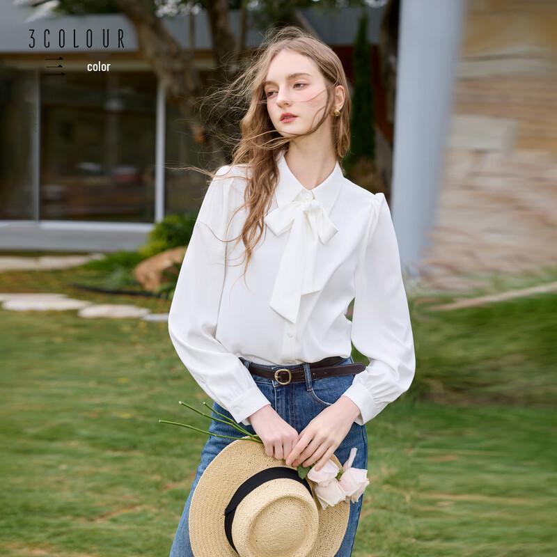 Sancai 2026 Spring Detachable Ribbon Lapel Blouse M