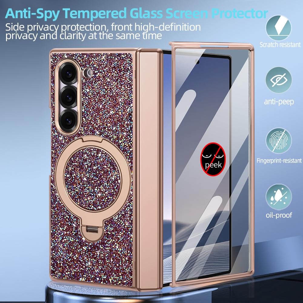 Glitter Bling Faux Leather Plating Magnetic Phone Case for Galaxy Z Fold 7 Fold 6 with Rotatable Holder, Anti-peeping Glass Film