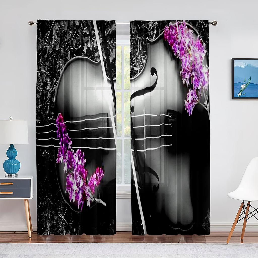 Vintage Fiolin på Trä Skira Voilgardiner för Vardagsrum Sovrum Chiffong Tyllgardiner Kök Fönsterbehandlingar Draperier