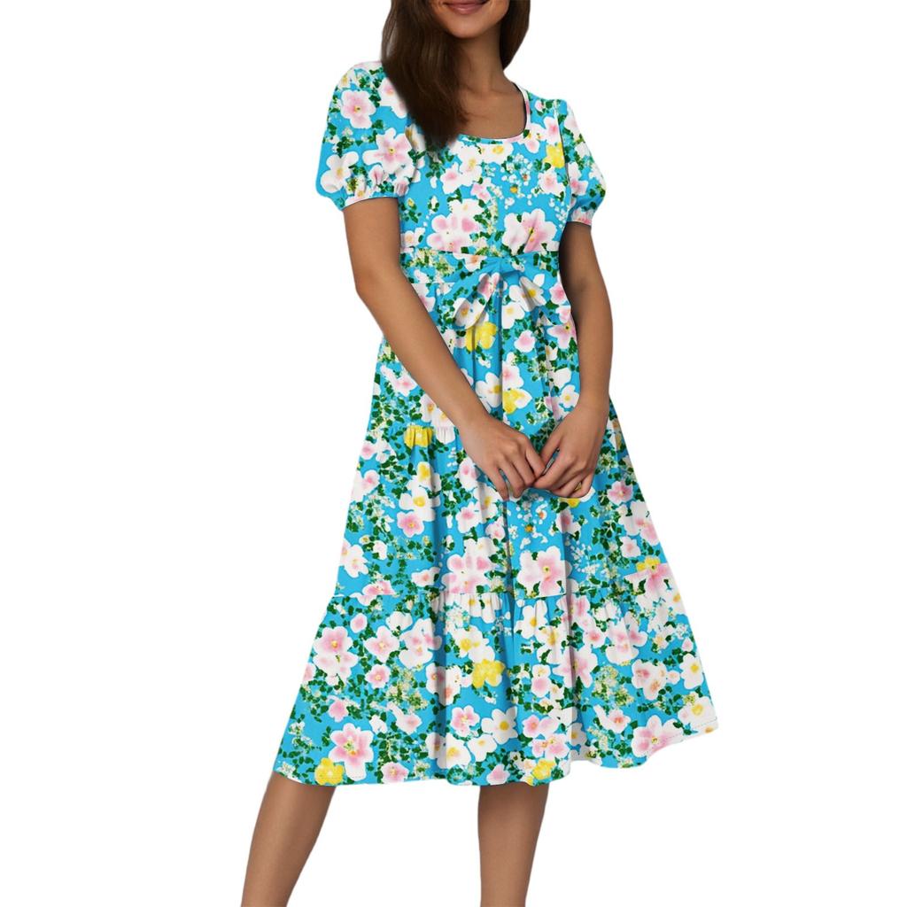 Women's Summer Floral Print Short Sleeves Neck Waistband Bohemian Flowy Maxi Dress With Pockets