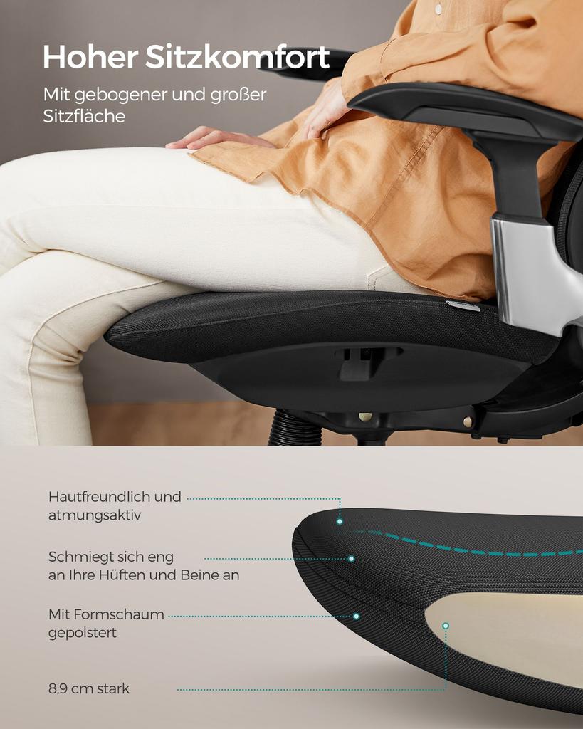 SONGMICS OBN068B01 Ergonomic Adjustable Reclining Office Desk Chair - Front or Back Adjustable Seat - Supports up to 150kg - Ink Black
