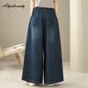Plus Size Spring Fall Women Vintage Jeans Drawstring Elastic Waist Floral Embroidery Wide Leg Denim Trousers Casual Loose Ladies' Jeans With Pockets