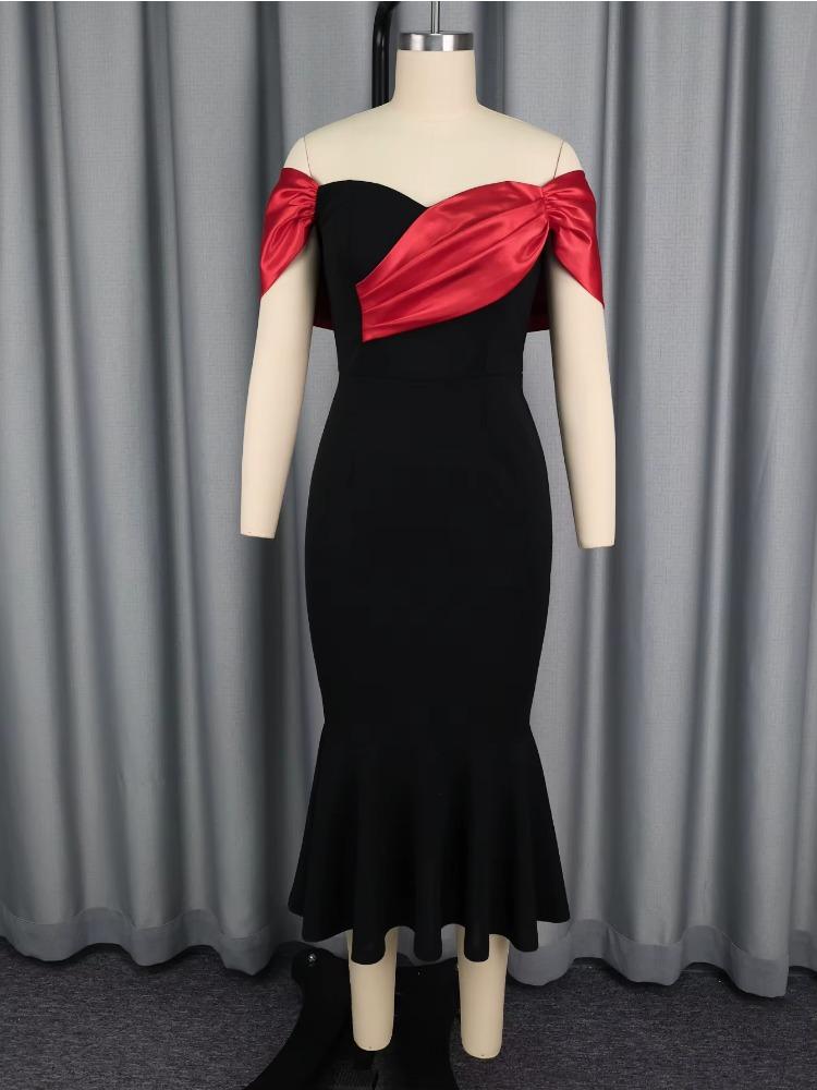 Black Patchwork One-Shoulder Stain Evening Dress Women Elegant Slim Fit Mermaid Package Hip Midi Party Dress Sexy Formal Gown