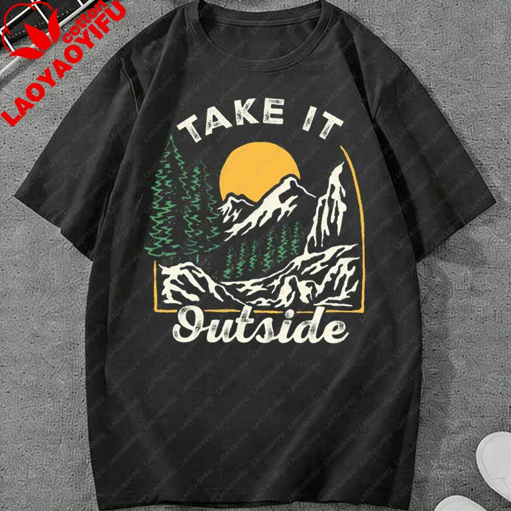 Retro Take It Outside Mountain Sunset TShirt Vintage Outdoor Graphic Cotton Casual Tops Perfect Gift for Hiking Camping Lovers