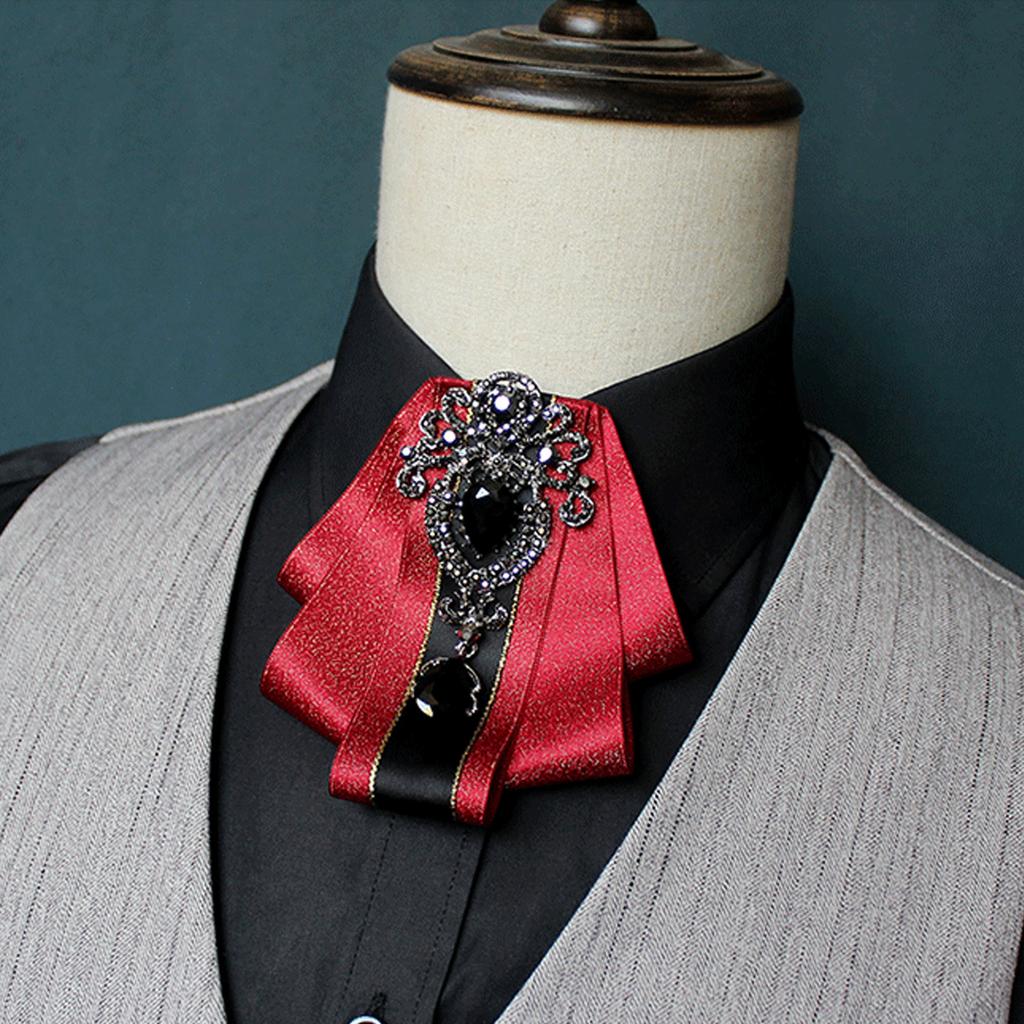 Silk Ribbon Bowtie Brooch Pin Mens Women Wedding Party Vintage Pretied Necktie Clip Crystal Bowknot Shirt Collar Tie