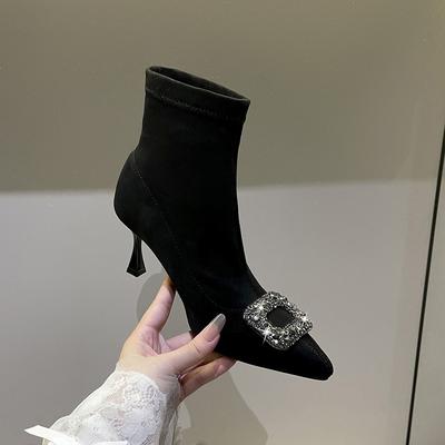 French Pointed Socks Boots Thin Heel High Heel Ankle Small Short Boots Women's New Autumn and Winter Single Boots Elastic Suede Thin Boots