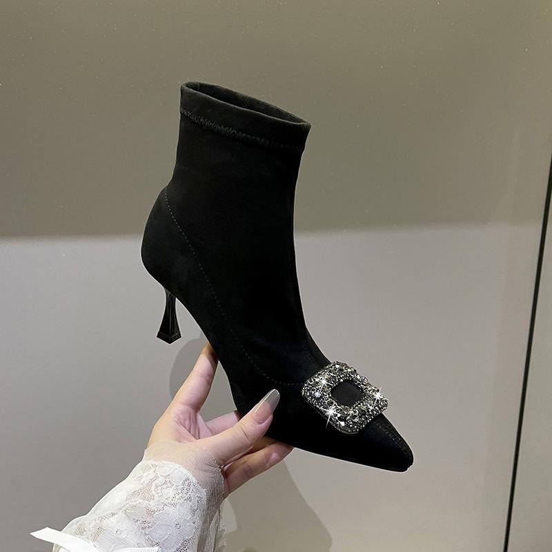 French pointed socks boots thin heel high heel ankle small short boots women's new autumn and winter single boots elastic suede thin boots