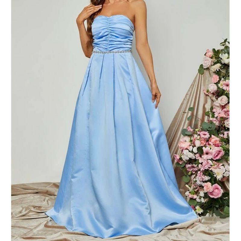 Export Single Elegant Stylish Beautiful All-Match Wrapped Chest Ruched Smooth Fabric Diamond Decorations White Fashion Banquet Dress