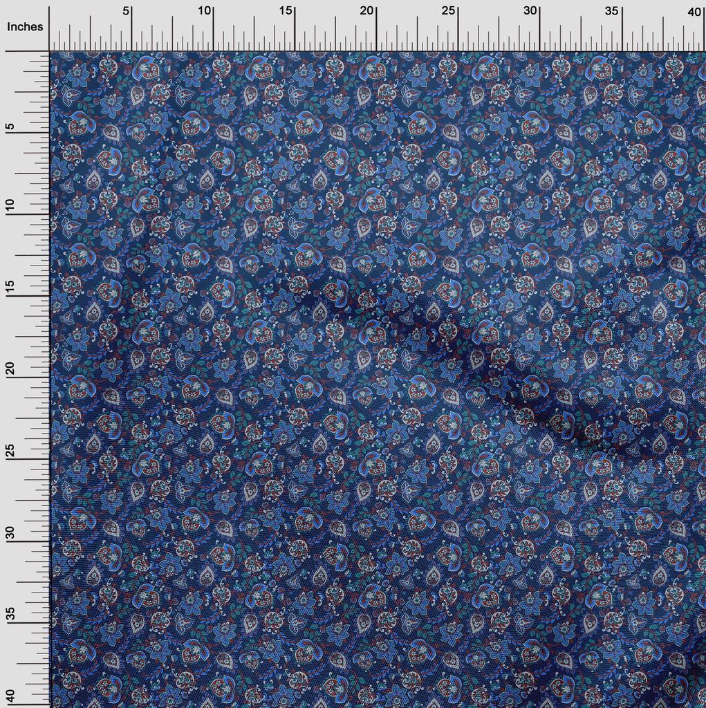 oneOone Blauer Baumwoll-Flex-Stoff mit Blumenmuster, bedruckter Stoff, Meterware, 40 Zoll
