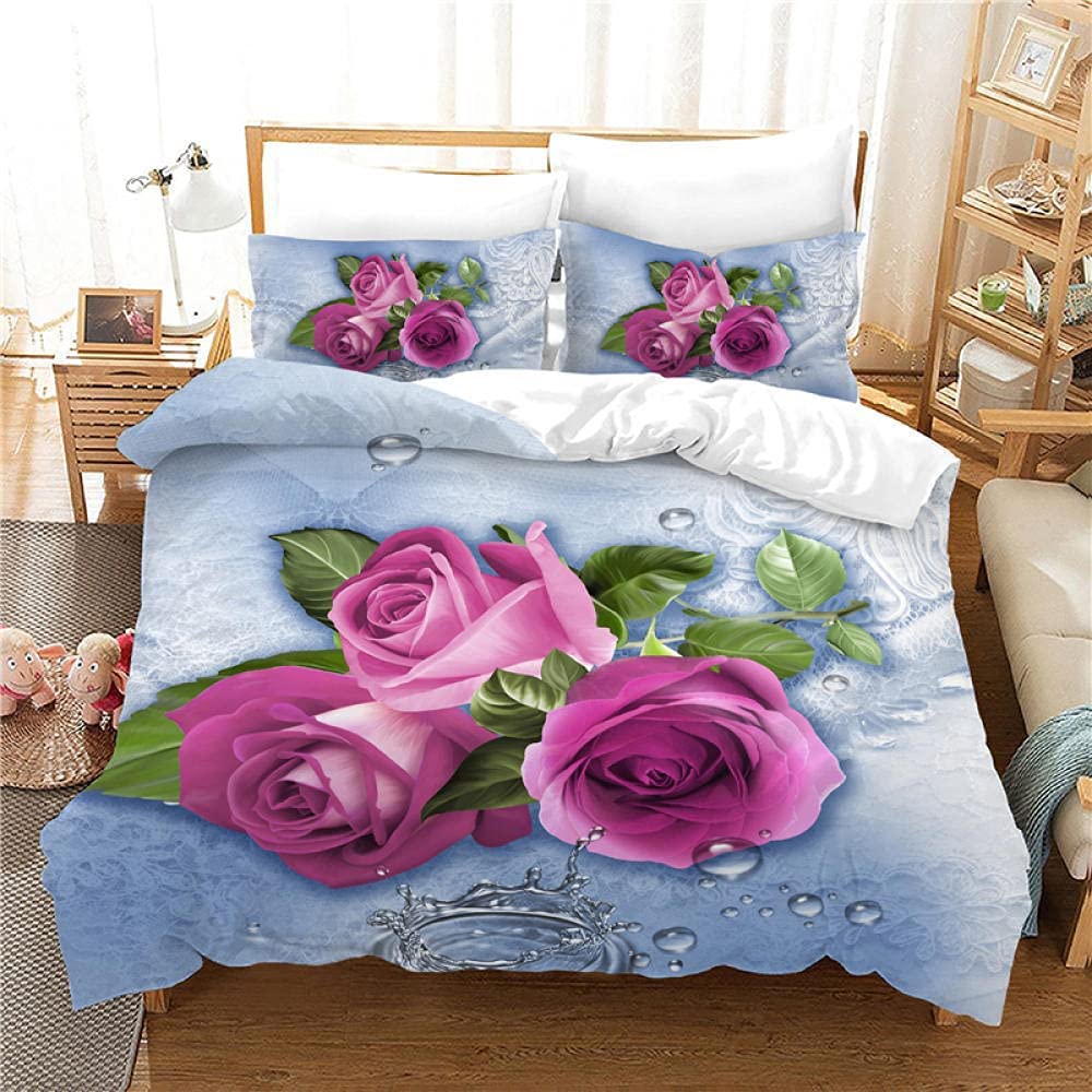 Rose Duvet Cover QueenRomantic Floral Bedding Set for Girls CoupleBlossom Flowers Quilt Cover Valentine's Day Bedspread Cover