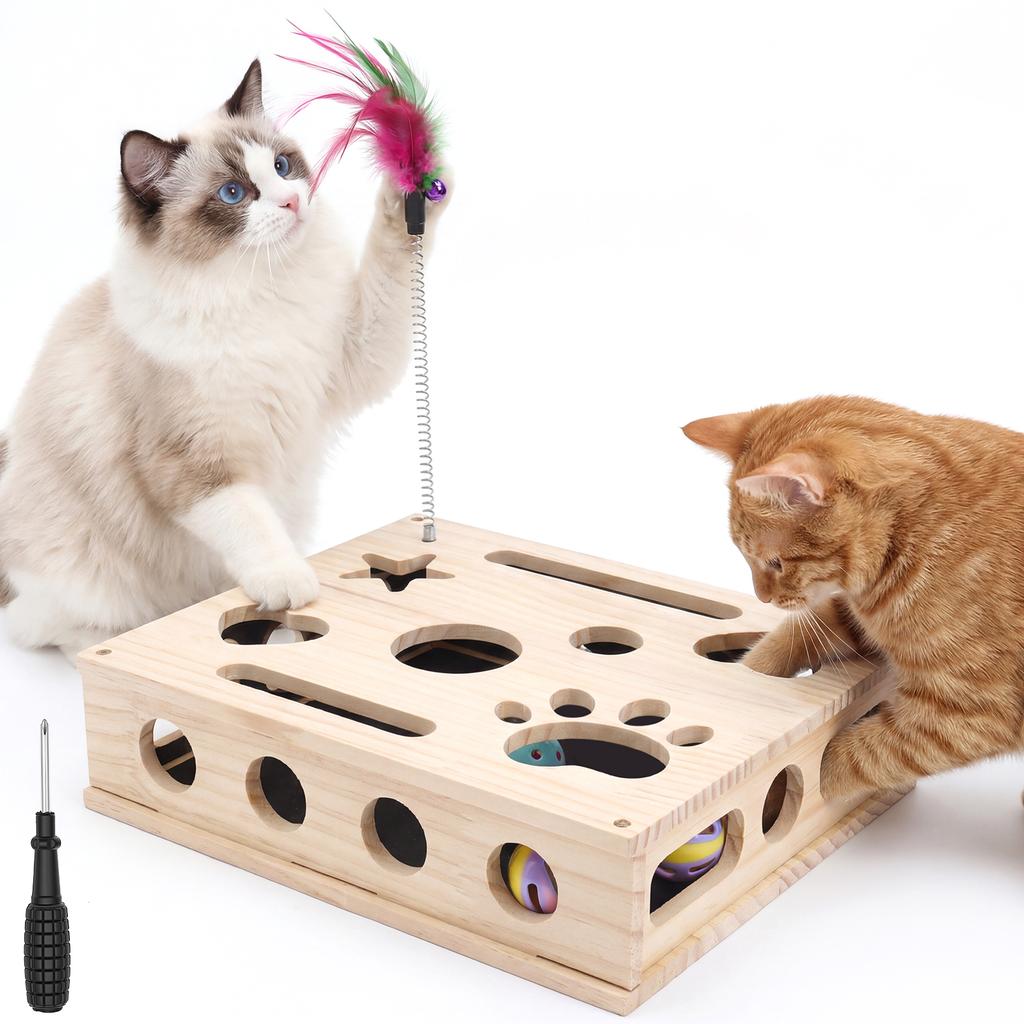 Interactive Cat Puzzle Toy Nail File Scratch Board Enrichment Box Wooden with 3 Bell Ball for Pet Exercise Boredom Relief