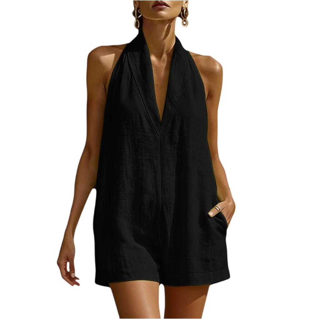 Women’s Sleeveless Neck V Neck Loose Fit Jumpsuit with Pockets Casual Solid Romper for Summer