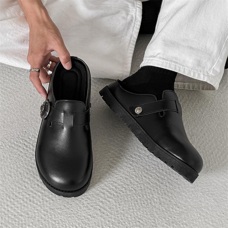 Leather Platform Mules Backless Loafers Slippers Thick Bottom Half Shoes For Men Closed Toe Slide Sandals Open Back Casual Shoes