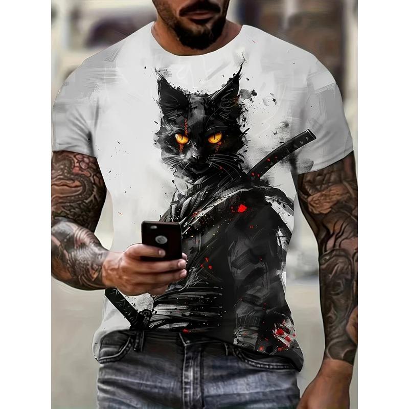 

Oriental Style 3D Samurai Cat Print Men s T-shirt Outdoor Street Fashion Men s Short-sleeved Top Summer Everyday Casual T-shirt S