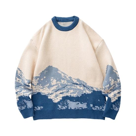 Herbst Winter Herren Pullover Batikmuster Schneeberg Muster Farblich passende Rundhals Strick Dick Lange Ärmel Warme Lose Herren Strickmode