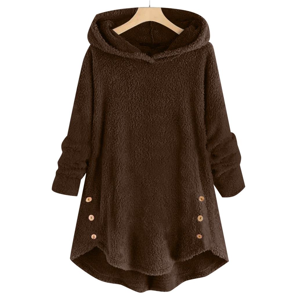 Women's Loose Ruffle Hem With Plush Solid Button Casual Hooded Mid Length Jacket Top