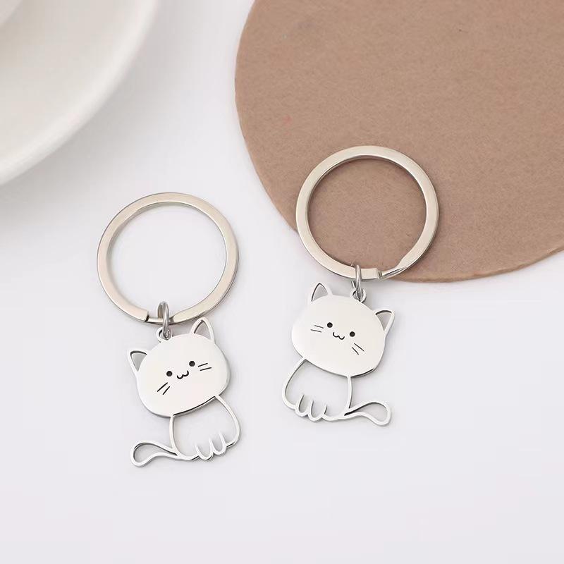 Creative Stainless Steel Cartoon Kitten Keychain Simple And Fashionable Cute Cat Couple Bag Pendant