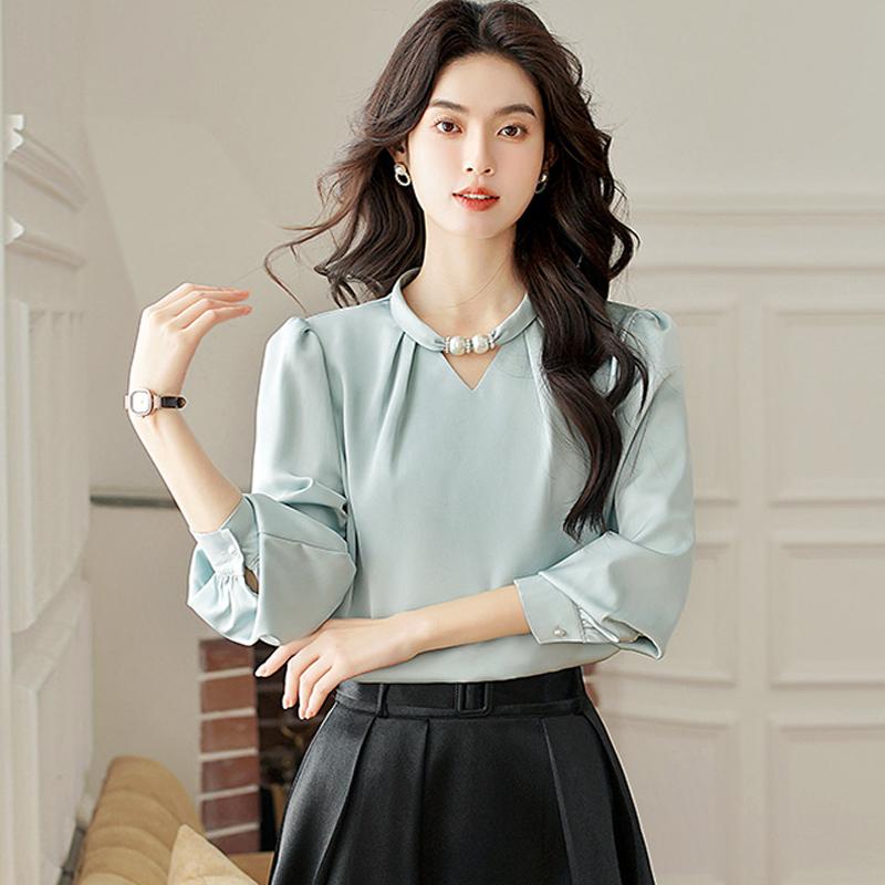 New Fashion Autumn Long Sleeve Beading O-Neck Casual Chiffon Blouse Shirt Women Tops Blouses Shirts J418