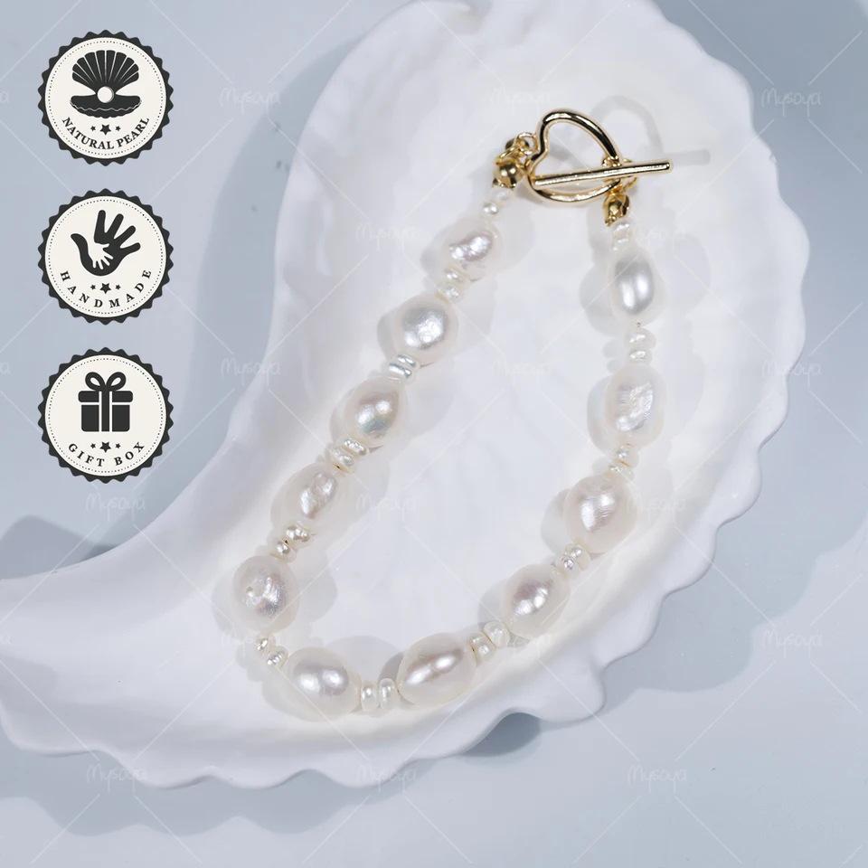 MYSOYA White Baroque Freshwater Pearl Bracelet with Gold Heart Clasp 14 cm