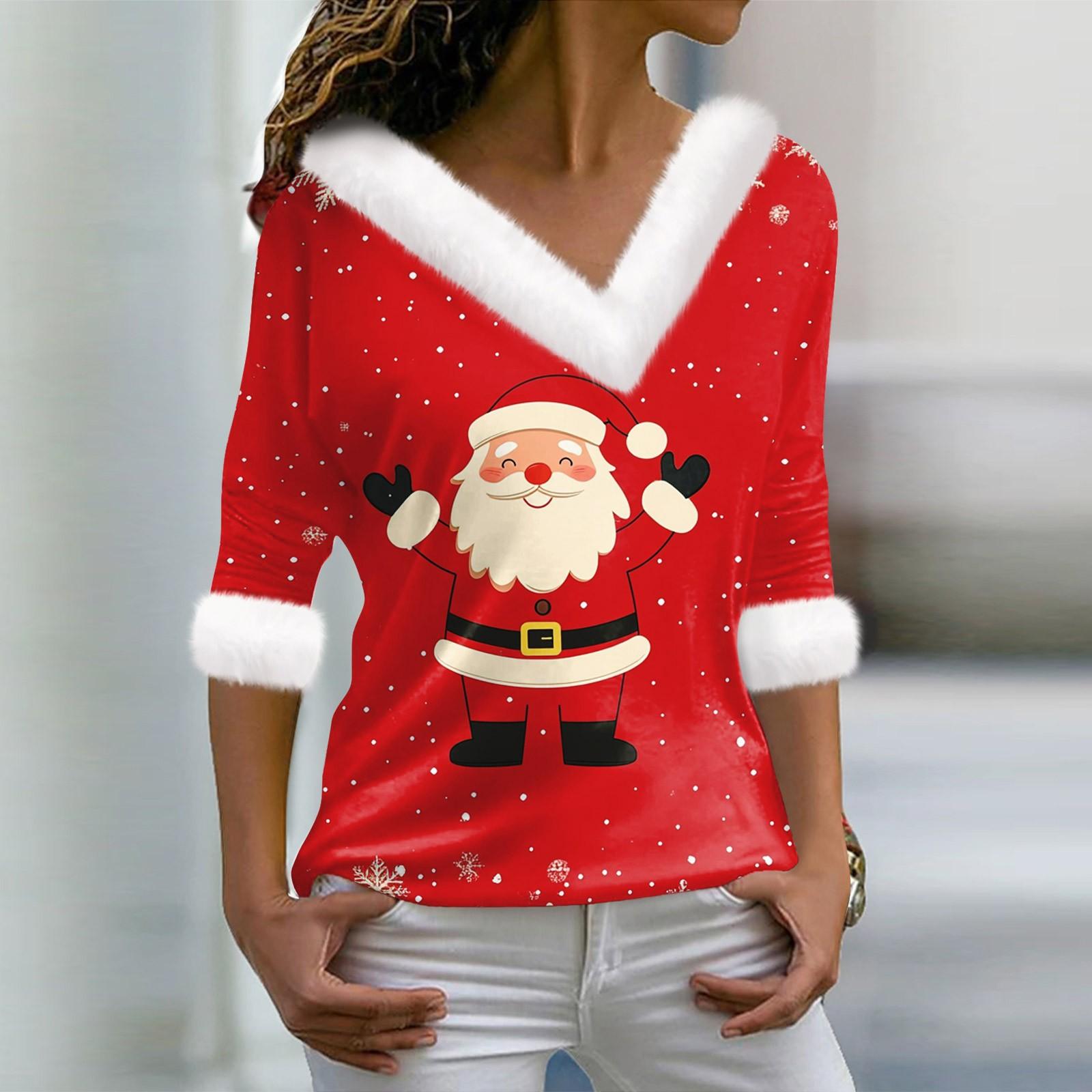 

Женская футболка с рождественским принтом, длинный рукав, флисовый воротник, V-образный вырез, футболка M винный