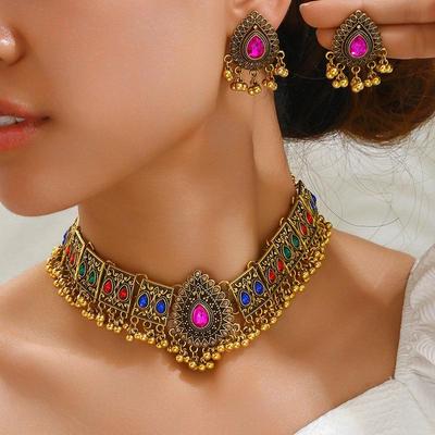 Set di Collana e Orecchini Pavone Medio Orientale con Strass in Stile Retrò