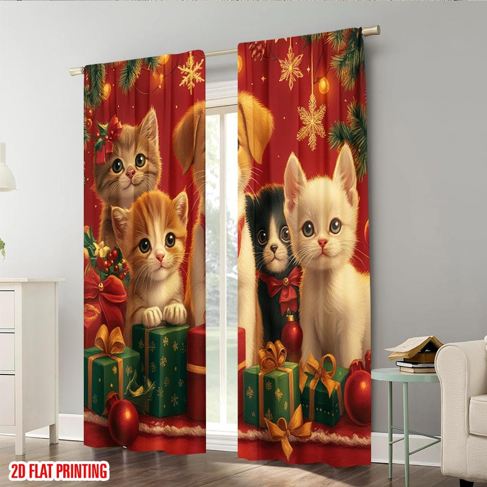 2pcs,2D plane printing Contemporary Curtains Cute Puppies Kittens Christmas Holiday (3) Versatile Polyester Fabric (without rod)