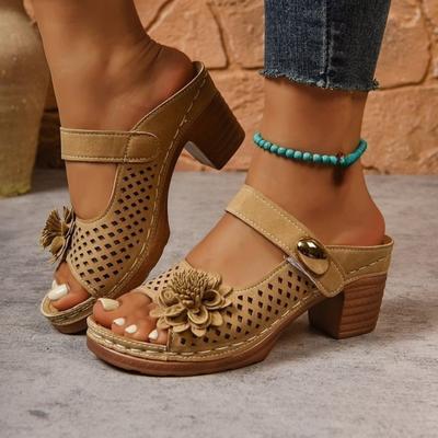 Übergrößen Schuhe, Ausgehöhlte Hochhackige Ein-Schulter-Slipper, Damen Chunky-Absatz Strandsandalen