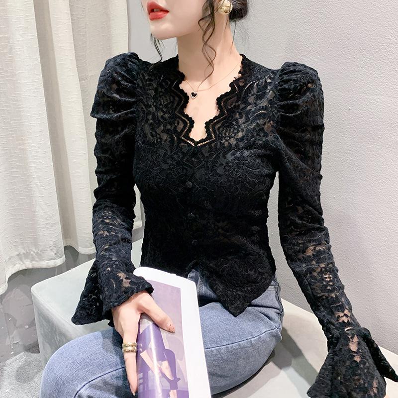 Winter Temperament Puff Sleeve V-neck Lace Shirt with Chest Pad Long Sleeve T-shirt Women's Short Slim and Versatile Base Shirt