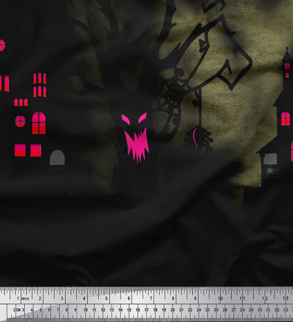 Soimoi Japan Crepe Satin Fabric Tree|Moon & Haunted House Panel Printed Craft Fabric by the Metre 42 Inch