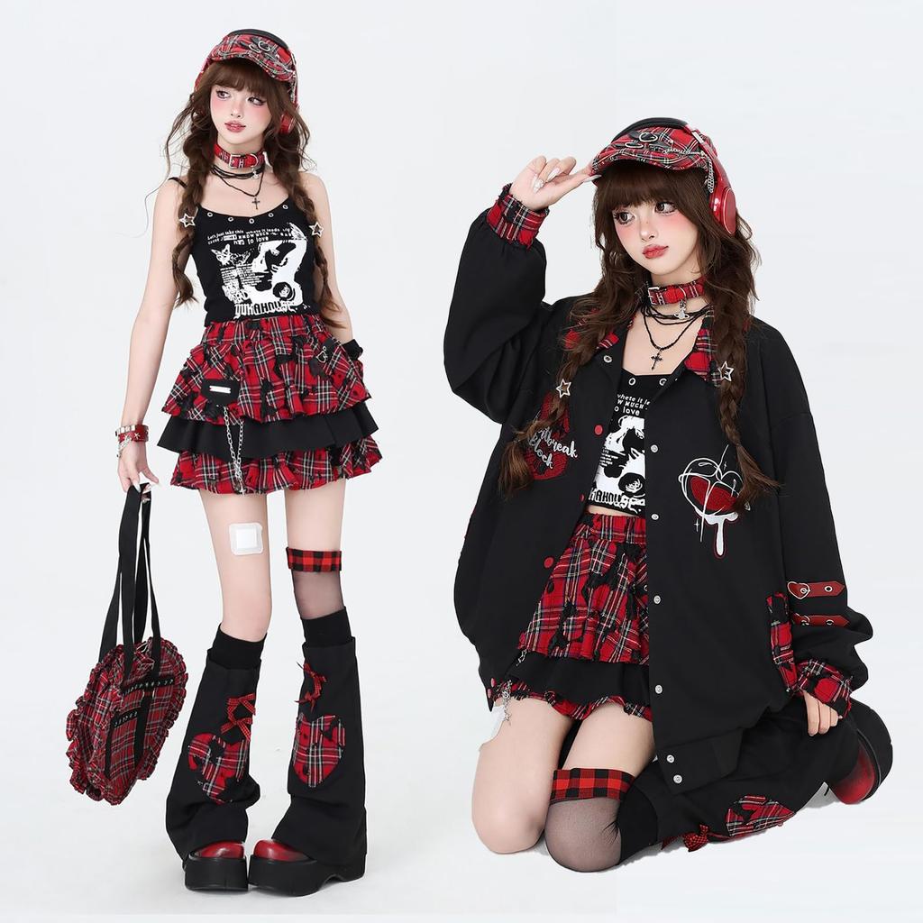 LAVASEON Checkered Mini Tiered Mori Chain Accessory Skirt, Punk, Ruffled, Length, Cute, Women's, Mass-Produced, Subculture, School-Style, Skirt, Red,