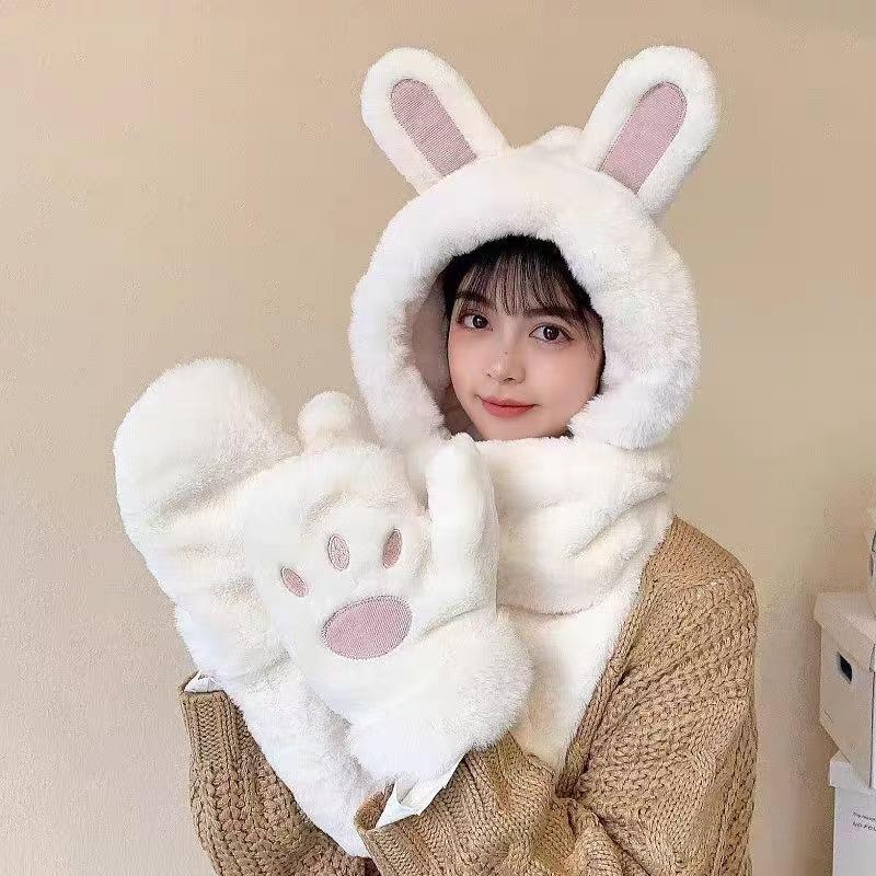 Autumn and winter new cute plush rabbit ears cat claws hat scarf three-piece set women's warm and cold ear protection cycling