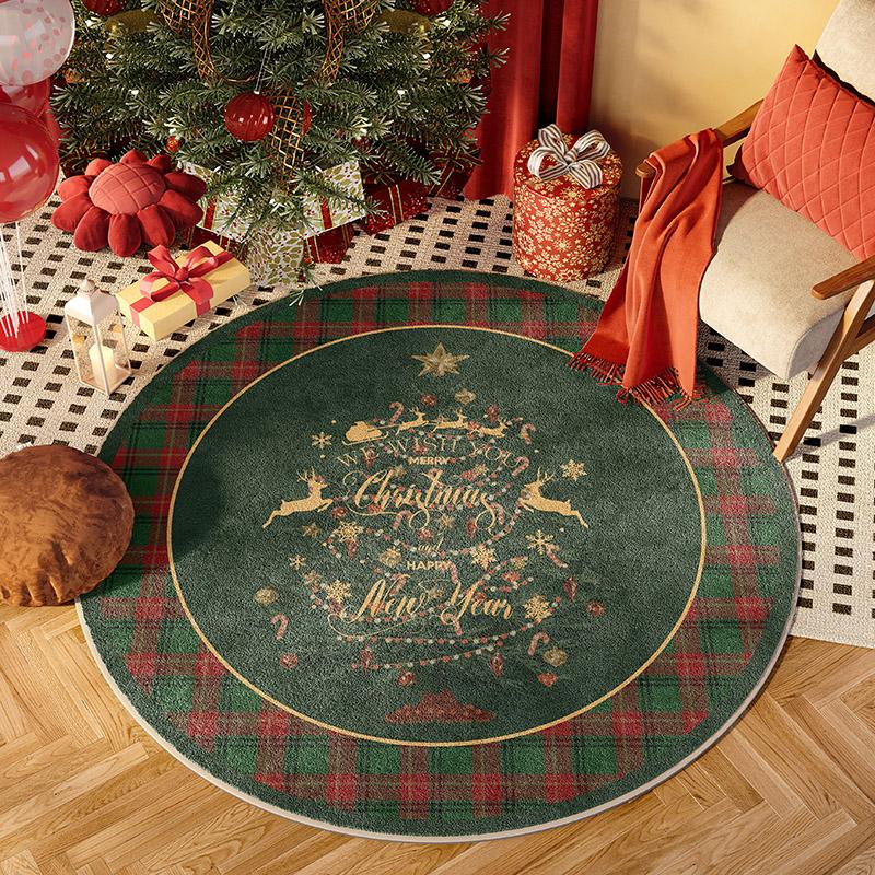 Christmas Circular Carpet For Living Room, Red Color Scheme, Festive Christmas Tree, Cheerful Home Decoration