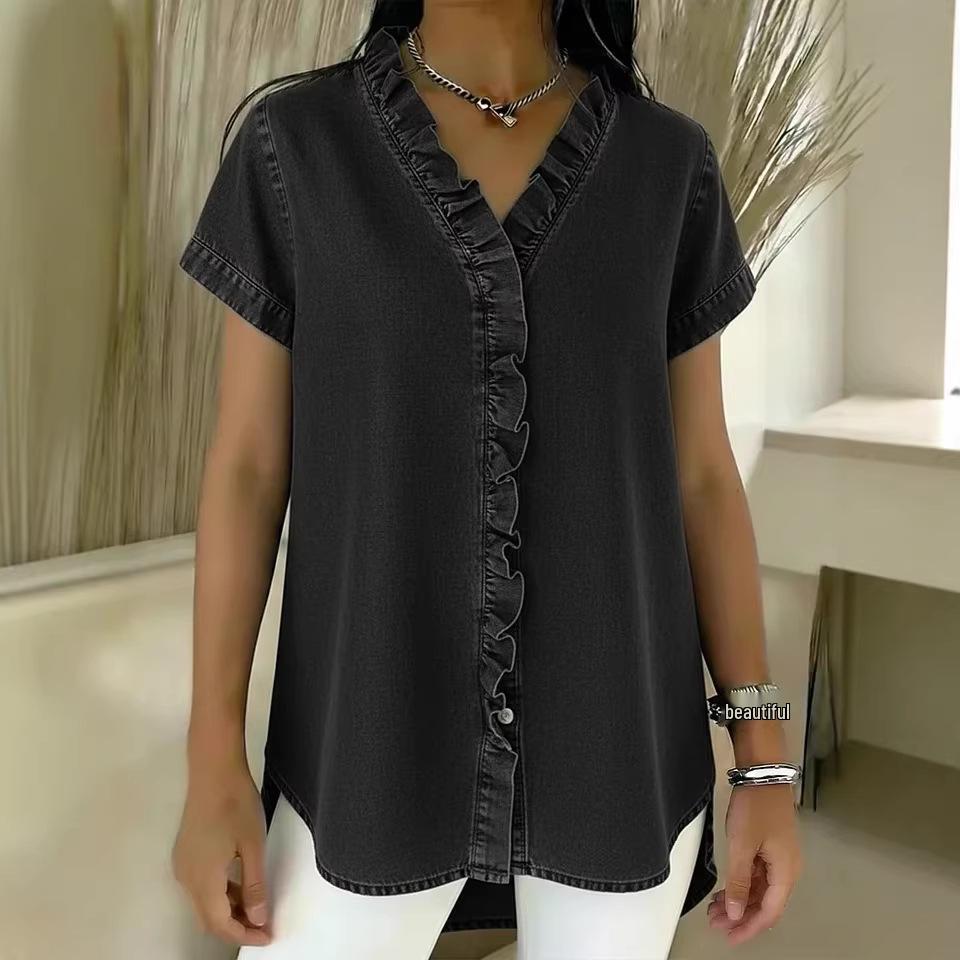 European & American V-Neck Ruffle Faux Denim T-Shirt - 2026 Collection, Short Sleeve, Casual Style
